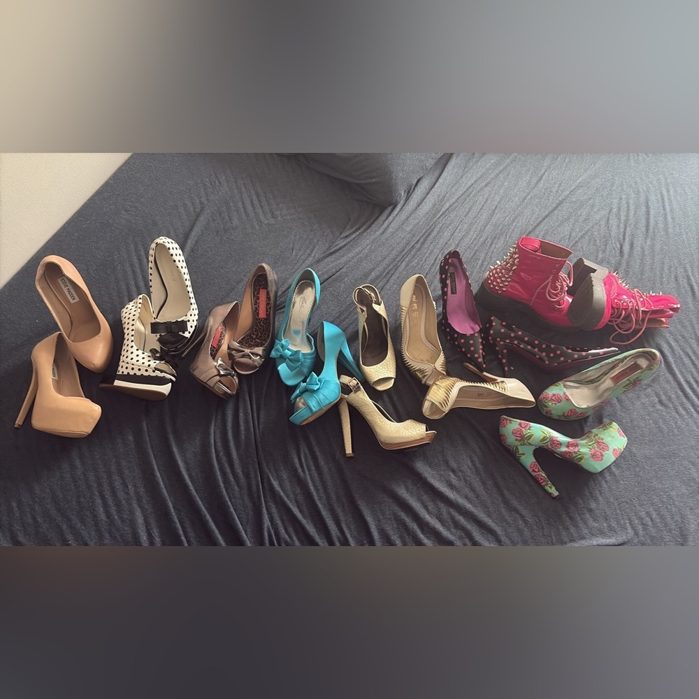 Jeffrey Campbell Heels in Tan, Black, Blue, Gold, and Pink